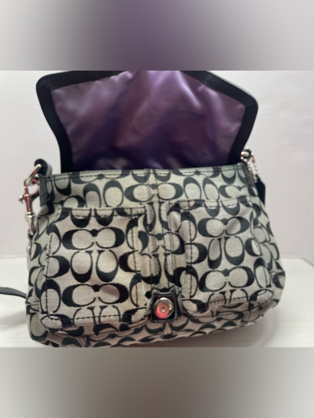 Coach Bleecker 2008 Signature Flap Shoulder Bag 12562 Black Patent Trim, Buckle - Picture 10 of 14